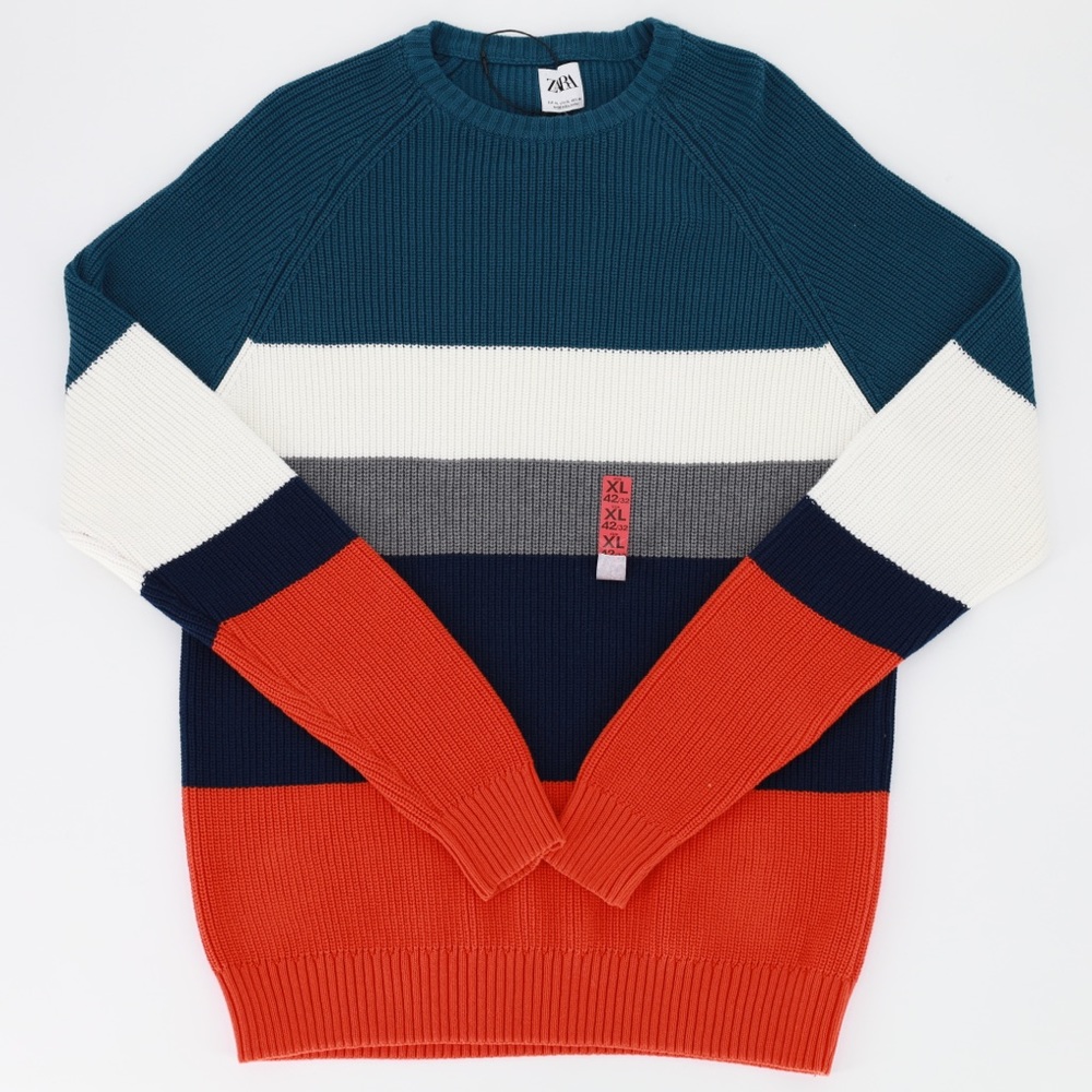 ZARA‎ Mens XL Colorblock Striped Chunky Crew Neck Sweater NWOT Pullover Bold